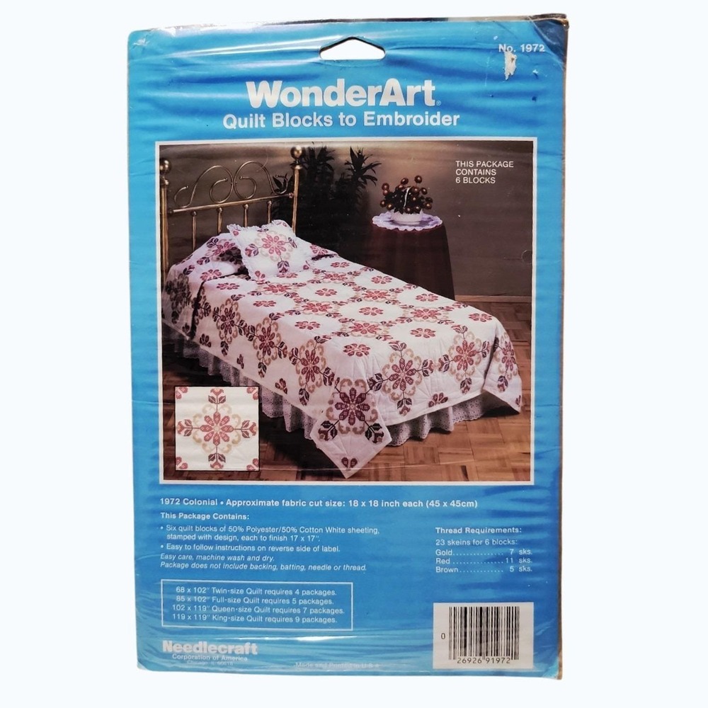 Vintage WonderArt Colonial Quilt Blocks Embroidery‎ Kit 1972 Sealed 6 Blocks USA